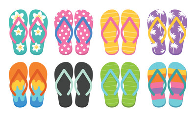 Fototapeta premium Flip Flop Colorful Pattern Clipart Set Featuring Multicolored Slipper Elements, Pair of Sandals for Swimming, Summer Beach Vacation, Holiday Travel Concepts, and Fun Tropical Footwear Designs