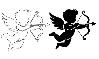 Fototapeta premium Valentine’s Day cupid with arrow black silhouette vector illustration, romantic love symbol design for card poster branding, minimal editable vector isolated on white background