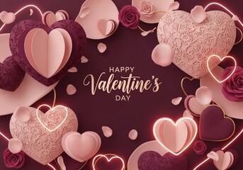 Happy Valentines Day Romantic Heart Decorations and Neon Lights Background