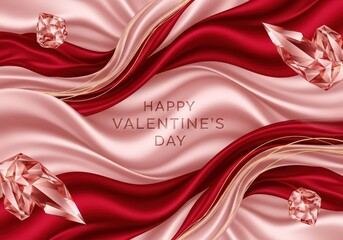 Happy Valentines Day elegant silk fabric background with sparkling diamonds
