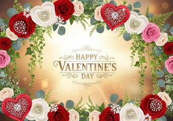 Happy Valentines Day Floral Wreath with Red and White Roses