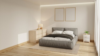 Minimalist Bedroom Interior with Wooden Floor and Soft Natural Light. 3D rendering.