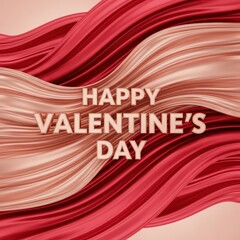 Happy Valentines Day Greeting Card with Abstract Red and Pink Wavy Ribbons