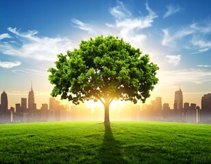Lush tree atop a grassy hill overlooking a distant city at sunset