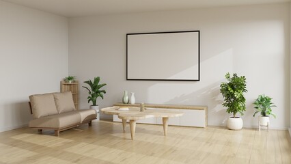 Minimal Living Room Interior with TV Screen, Wooden Furniture and Plants.3D rendering.