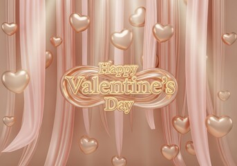 Happy Valentines Day Golden Text with Heart Balloons and Pink Curtains