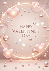 Happy Valentines Day greeting card with glowing hearts and pearls