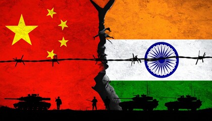 China&ndash;India flags split by crack, with military silhouettes and barbed wire.