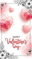 Happy Valentines Day greeting card with watercolor hearts and floral frame