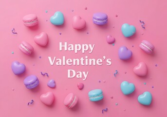 Happy Valentines Day greeting with colorful hearts and macarons on a pink background