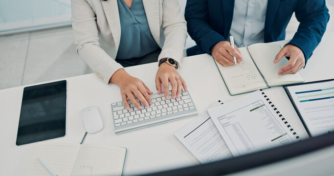 Paperwork, above and hands business people in office for finance report, budget review and research. Corporate, typing and man and woman with documents, financial proposal and writing for planning