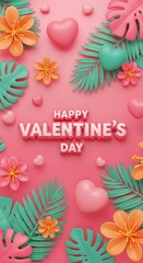 Happy Valentines Day greeting with pink hearts, tropical leaves, and flowers on a vibrant pink background