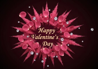 Happy Valentines Day Greeting with Pink Petals and Diamonds