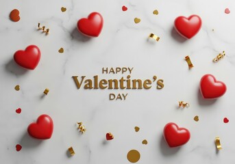Happy Valentines Day greeting with red hearts and golden confetti on a white background