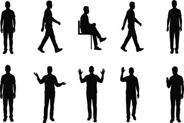 Obraz premium Human gesture silhouettes, black vector illustration, posture icons, minimal design, standing walking sitting poses, white background, cad drawing flat vector illustration