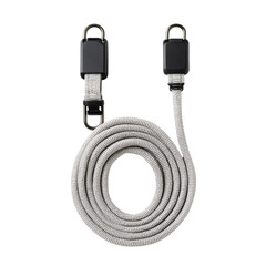 Coiled gray cable with dark connectors, arranged on black