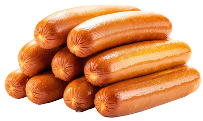 Stack of cooked sausages.  Stacked, oblong, light brown,  glossy,  meat,  ready-to-eat,  food,  delicious,  appetizing,  bun