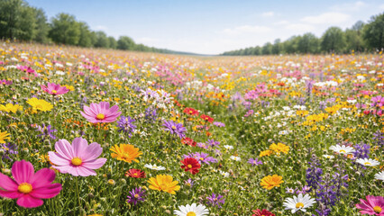 Colorful Flower Field in Full Bloom under Blue Sky
