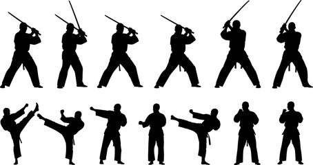 Martial arts karate fighter silhouettes set featuring sword techniques kicks punches training poses black vector illustration isolated on white background action collection design icons © Tohidul
