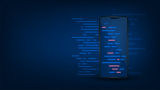 Web development software programming concepts, abstract programming languages ​​and programming code on smartphone