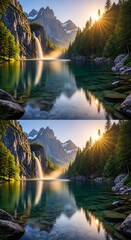 Majestic Mountain Lake at Sunrise - A Serene Reflection.