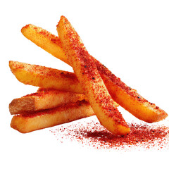 Fries tossed in red spices scattered below