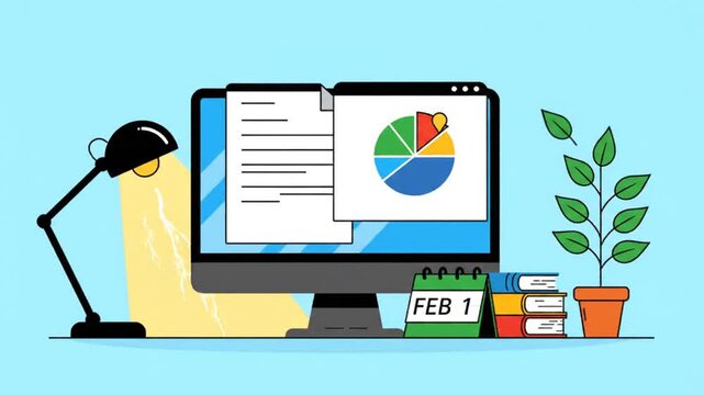 A computer monitor displays a colorful pie chart and document on a desk with a lamp, plant, and calendar.