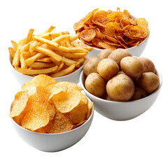Four bowls displaying potato based foods including chips, fries and whole potatoes