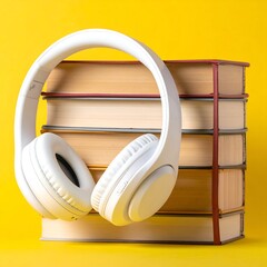 White headphones sit atop stack of books against a bright yellow background