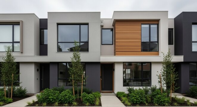 Modern townhouse exterior, cloudy weather, soft diffused light, neutral tones, realistic exposure, high clarity.