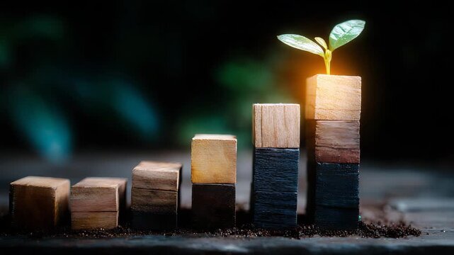 Growing Plant on Stacked Wooden Blocks Symbolizing Business Growth and Investment Success, Cinematic Lighting, 4K Footage