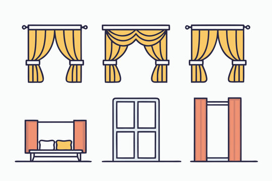 Six interior design icons including windows with yellow drapes and a canopy bed with orange curtains against a solid white background.
