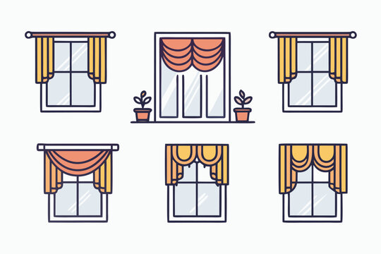 Six window illustrations featuring elaborate swag and jabot curtains in yellow and coral tones with two small potted plants near the center.