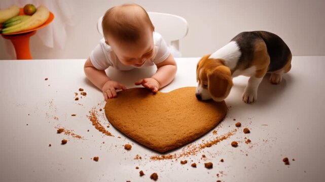 Overhead shot of a baby and a beagle puppy sharing a bite of a giant heart-shaped cookie on a kitchen table with playful chaos, concept of joyful sharing and valentine's day treat