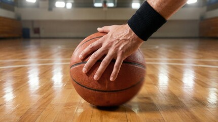 Hand dribbling basketball on wooden court in sports gymnasium  
