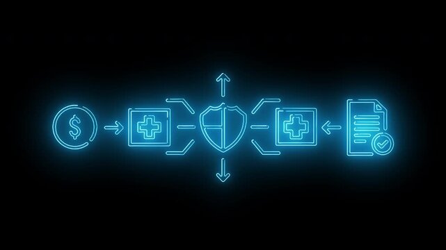 Neon-lit flowchart diagram with glowing blue icons on a black background, illustrating a financial process with a shield symbol.