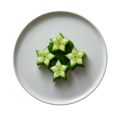 Star-cut cucumbers on a white plate, angled from above, simple, and clean