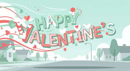 Fototapeta premium This joyful Happy Valentine’s Day illustration captures the excitement, romance, and emotional warmth of celebrating love through playful heart elements and bright festive colors. The image reflects h