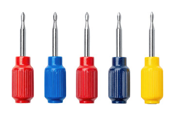 Five small screwdrivers in various colors, isolated on black.  The screwdrivers have a metal shaft and ribbed plastic handles in red, blue, red, navy, and yellow