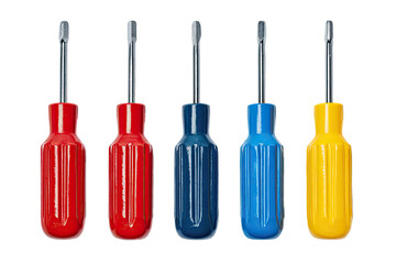 Five different-colored, ribbed-handled screwdrivers