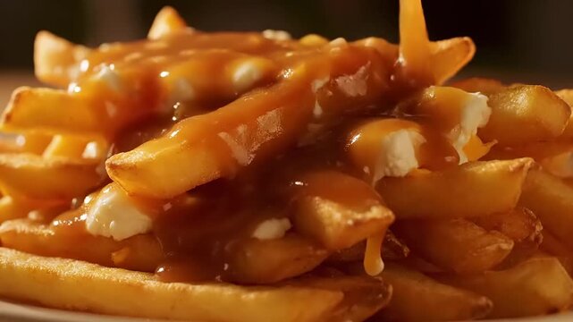 Classic Canadian comfort food Delicious poutine with gravy being poured