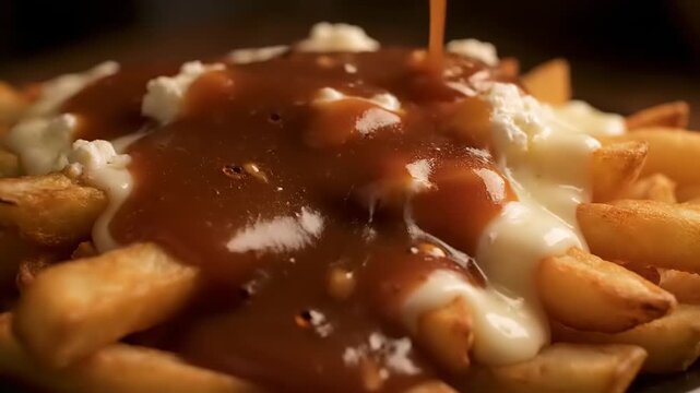 Irresistible close-up of classic canadian poutine with rich gravy and gooey cheese curds