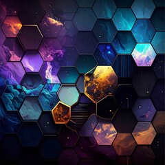 Abstract honeycomb, cosmic hues and textures, with gold accents