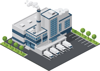 Isometric industrial factory building with delivery trucks manufacturing plant logistics warehouse production facility infrastructure business concept illustration