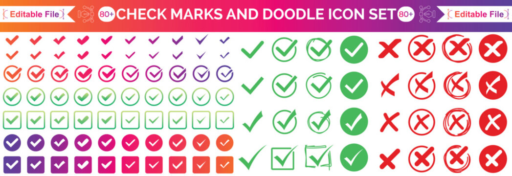 Check tick mark icon set, hand drawn doodle red cross box x check mark green checkbox v, sketch marker checklist symbol right and wrong set - for stock