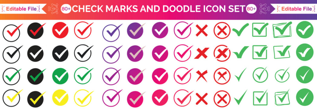 Check tick mark icon set. Cross box x check mark checkbox v list vector draws hand drawn sketch doodle brush marker checklist symbol wrong right circle. Vector Illustration