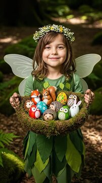 A young Caucasian girl dressed as a forest fairy with wings and a flower crown holding a mossy basket filled with hand-painted animal eggs in a sunny woodland setting.