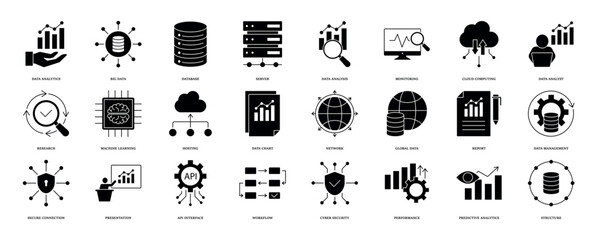 Data analytics icon set. Big data analysis technology symbol. Containing database, statistics, analytics, server, performance, monitoring, computing and network icons. Solid icons vector collection. e