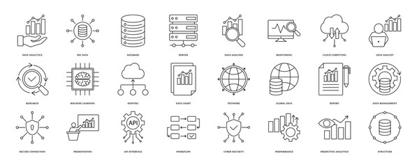 Data analytics icon set. Big data analysis technology symbol. Containing database, statistics, analytics, server, performance, monitoring, computing and network icons. Solid icons vector collection. e