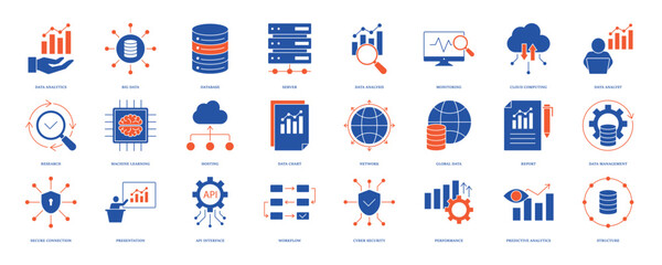 Data analytics icon set. Big data analysis technology symbol. Containing database, statistics, analytics, server, performance, monitoring, computing and network icons. Solid icons vector collection. e